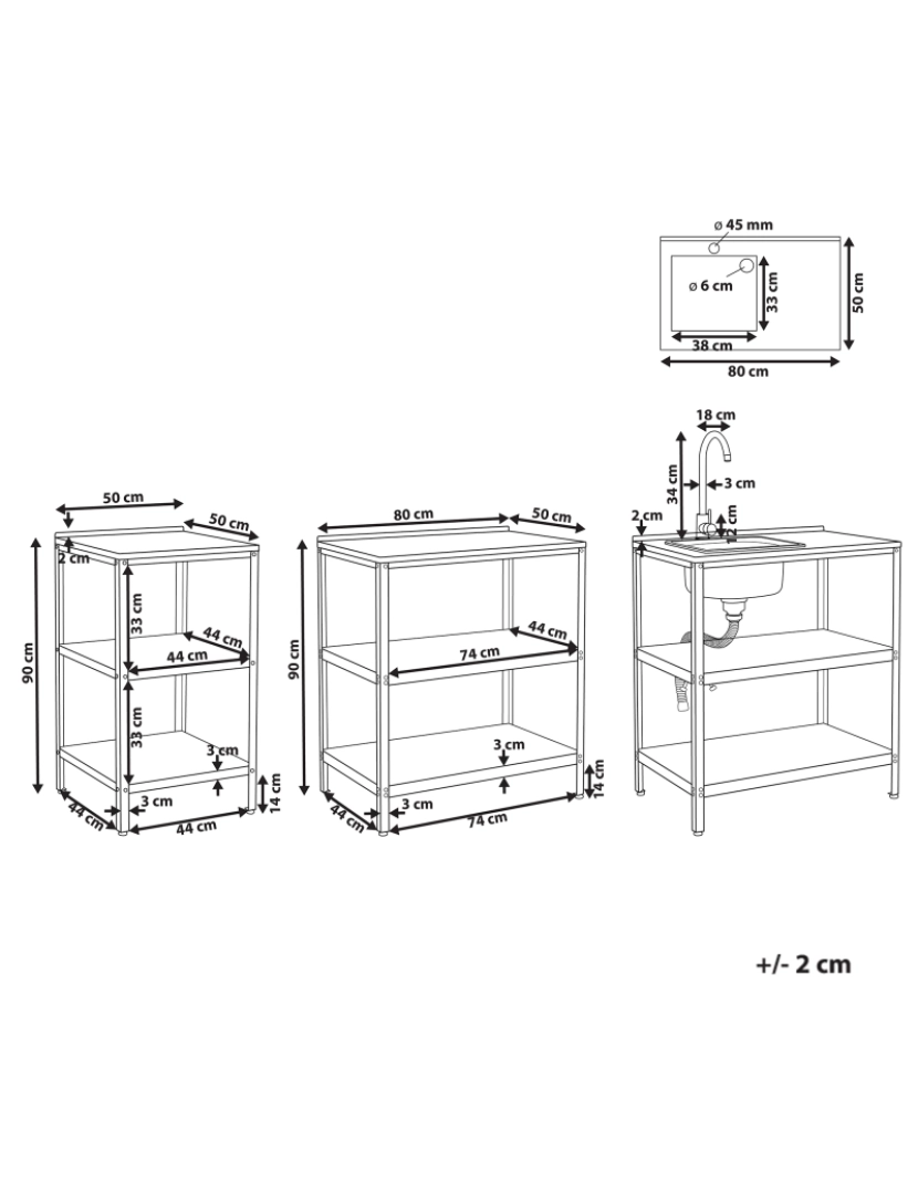 Beliani - Conjunto de 3 armários de cozinha para exterior em aço preto para ilha de cozinha exterior