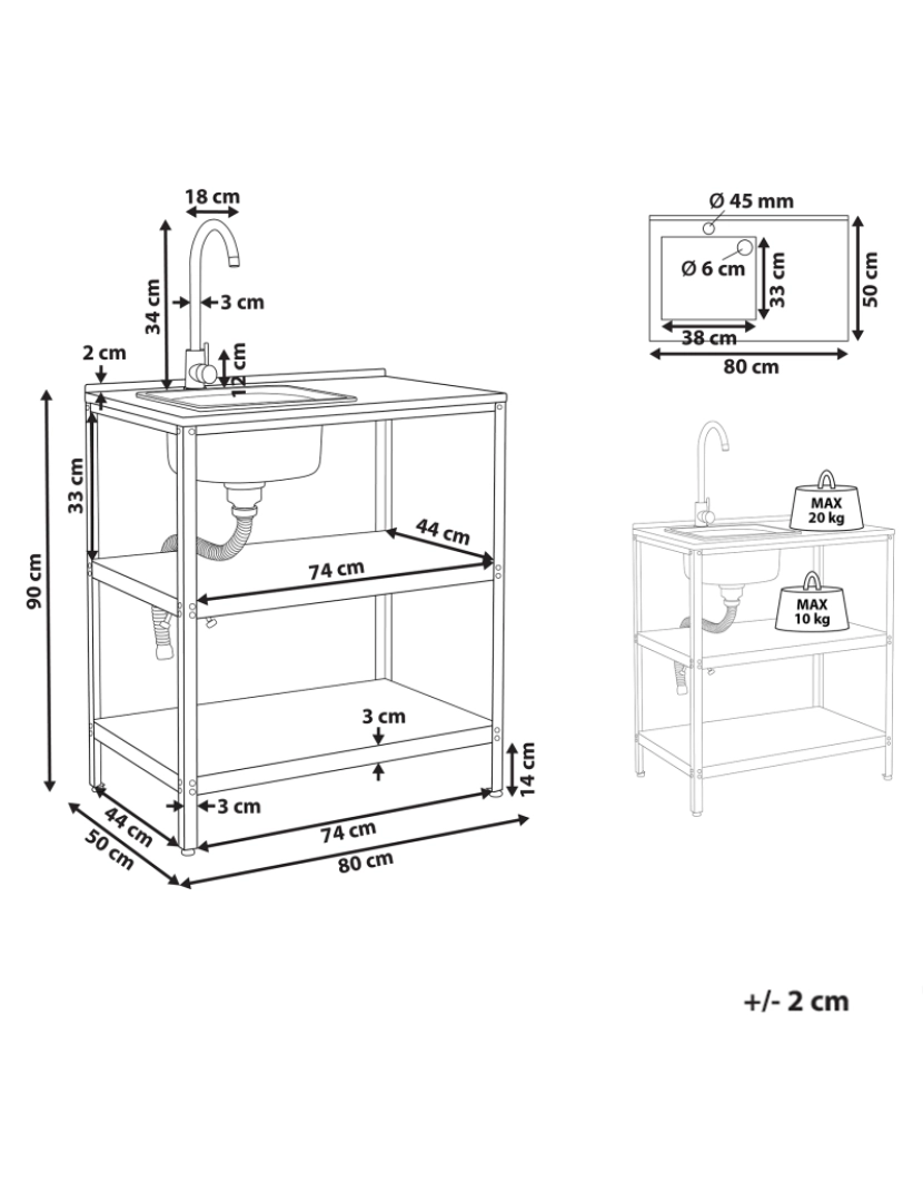 Beliani - Armário de cozinha para exterior com lavatório em aço preto 80 x 50 x 92 cm com tampo de aço para ilha de cozinha exterior