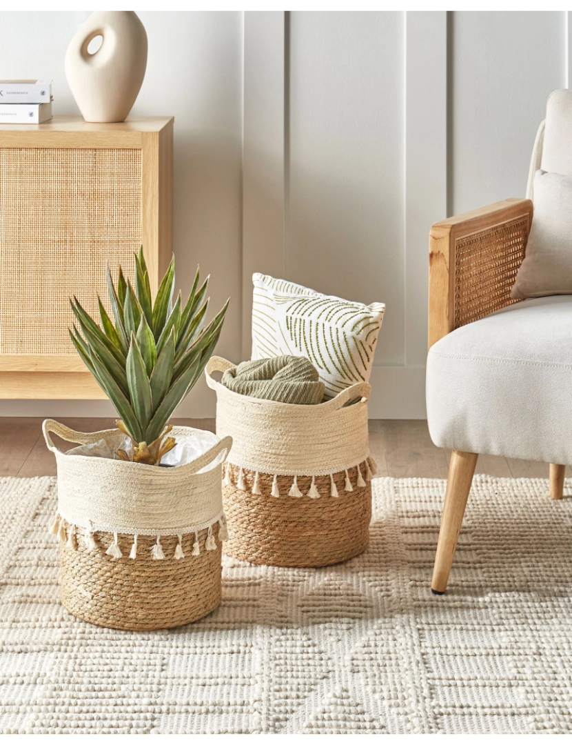 imagem de Conjunto de 2 cestos para plantas em fibras naturais creme vasos uso em interior estilo boho2