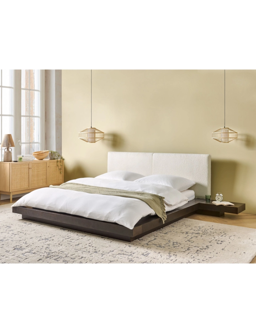 imagem de Cama de casal castanha escura com cabeceira em bouclé branco 180 x 200 cm estilo oriental para quartos modernos e contemporâneos2