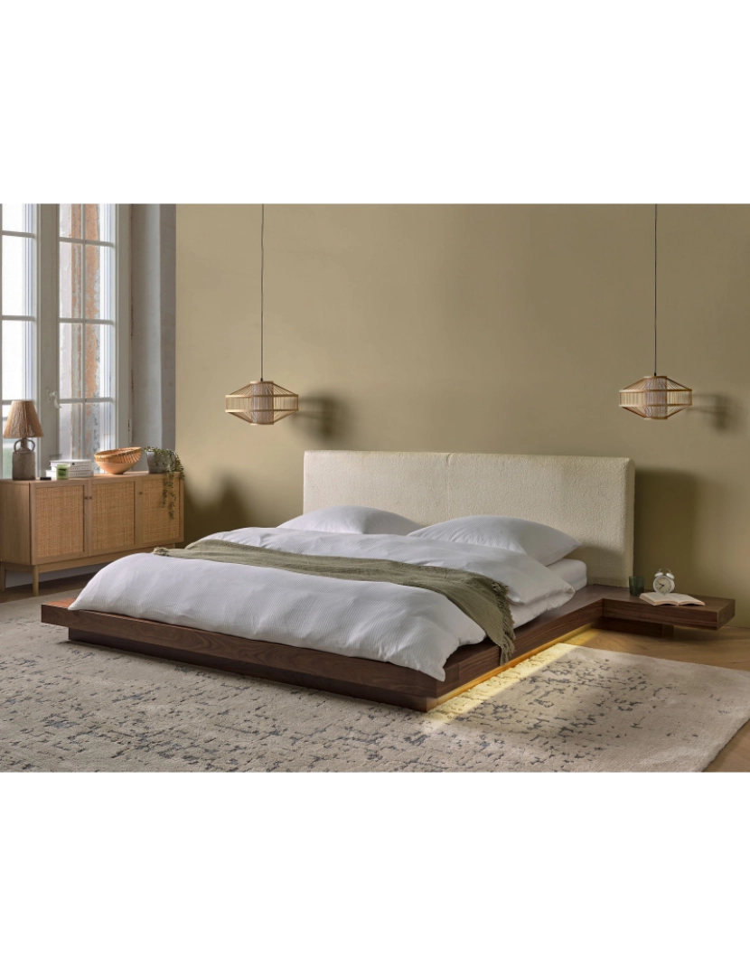 imagem de Cama de casal LED castanha cabeceira em bouclé branco 180 x 200 cm estilo oriental para quartos modernos e contemporâneos2