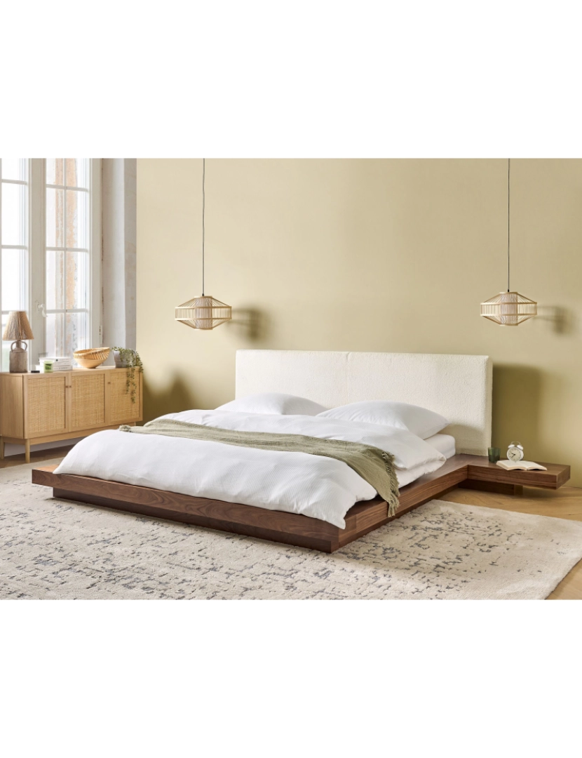 imagem de Cama de casal castanha com cabeceira em bouclé branco 180 x 200 cm estilo oriental para quartos modernos e contemporâneos2