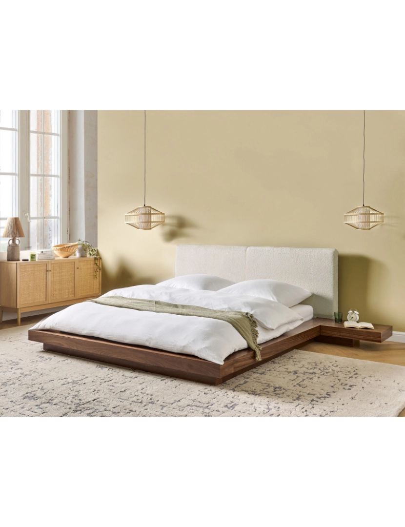 imagem de Cama de casal castanha com cabeceira em bouclé branco 160 x 200 cm estilo oriental para quartos modernos e contemporâneos2