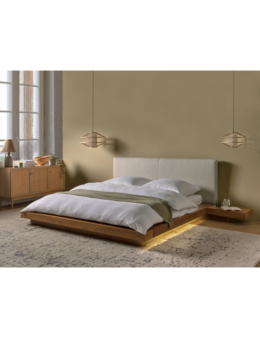 imagem de Cama de casal LED castanha clara cabeceira em bouclé branco 160 x 200 cm estilo oriental para quartos modernos e contemporâneos2