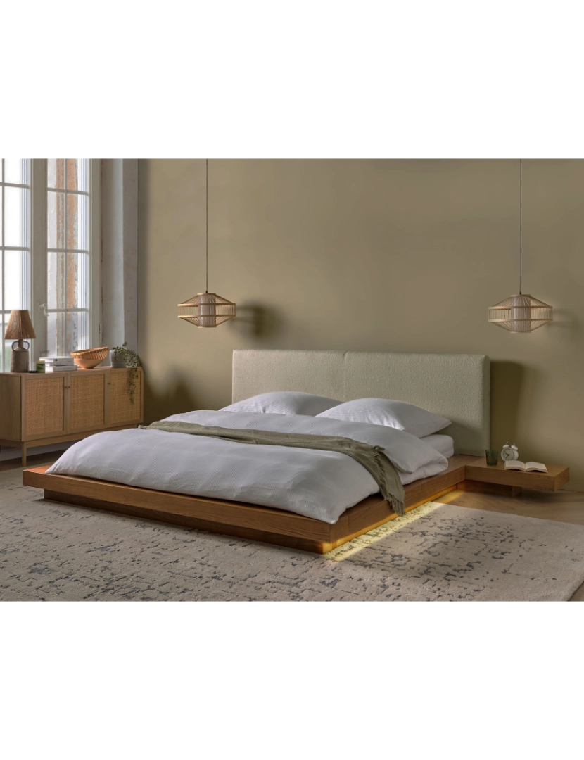 imagem de Cama de casal LED castanha clara cabeceira em bouclé branco 180 x 200 cm estilo oriental para quartos modernos e contemporâneos2