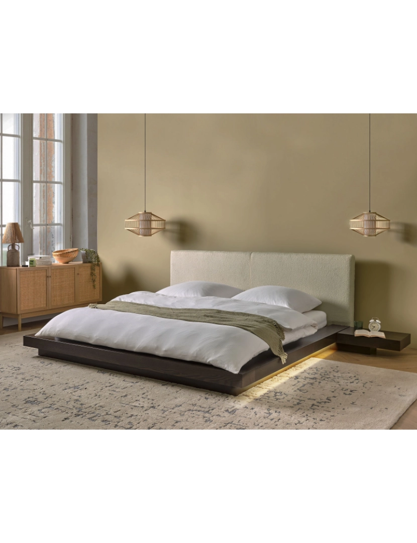 imagem de Cama de casal LED castanha escura cabeceira em bouclé branco 180 x 200 cm estilo oriental para quartos modernos e contemporâneos2