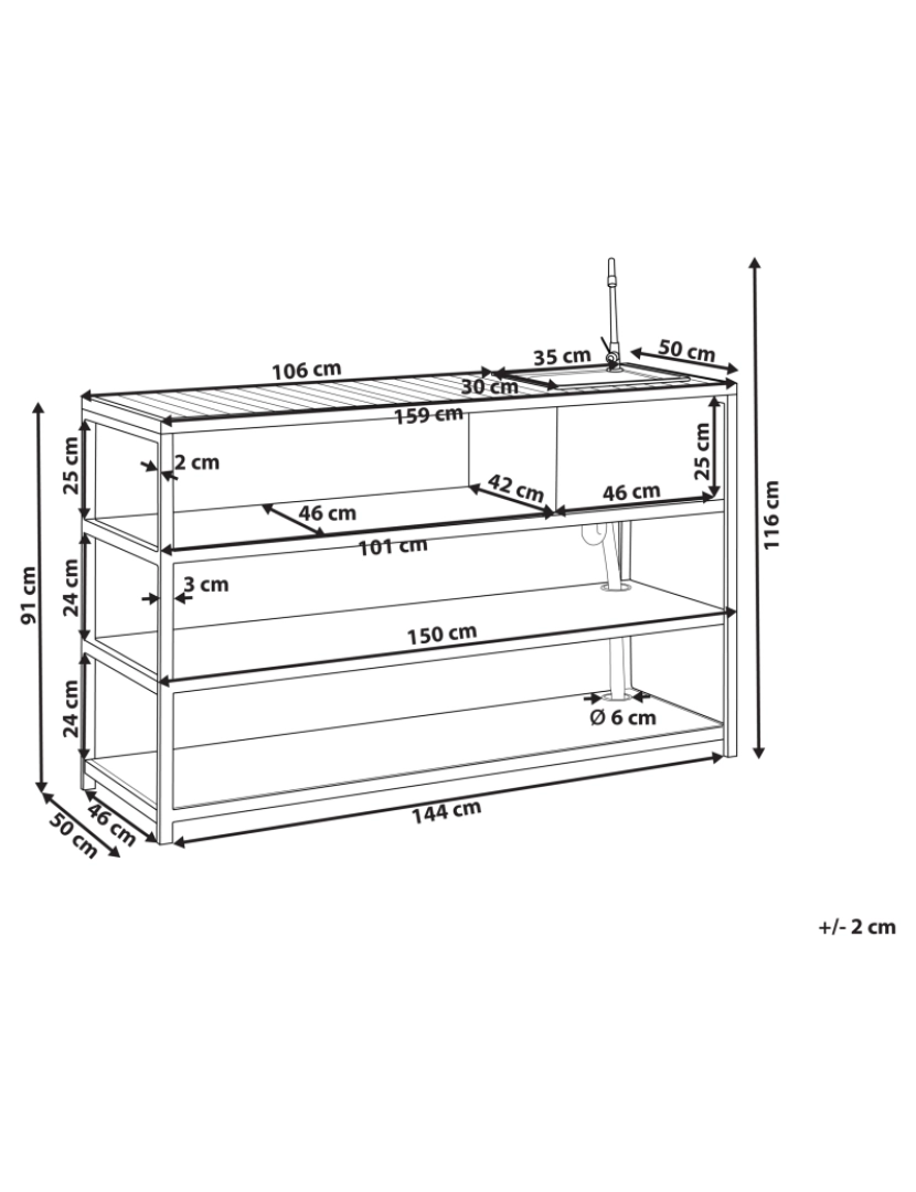 Beliani - Ilha de cozinha para exterior com lavatório em aço preto e madeira castanha clara 159 x 50 x 91 cm com armário de 3 prateleiras