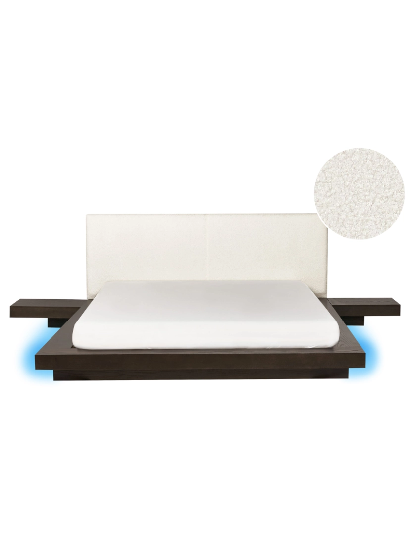 Beliani - Cama de casal LED castanha escura cabeceira em bouclé branco 160 x 200 cm estilo oriental para quartos modernos e contemporâneos