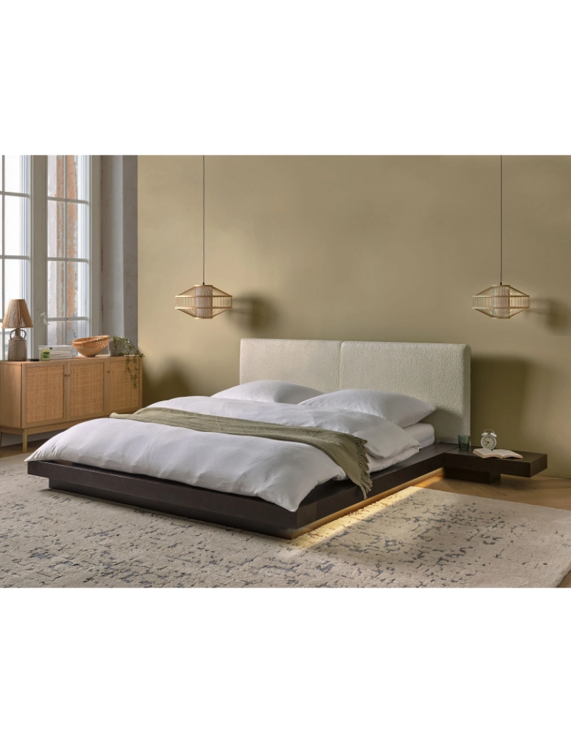 imagem de Cama de casal LED castanha escura cabeceira em bouclé branco 160 x 200 cm estilo oriental para quartos modernos e contemporâneos3