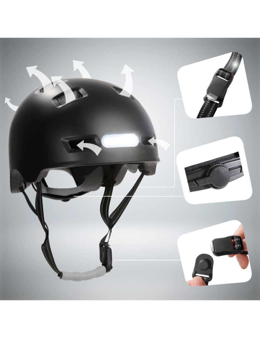 imagem de Capacete de bicicleta de skater com luz frontal e traseira | Preto M(54-57cm)4