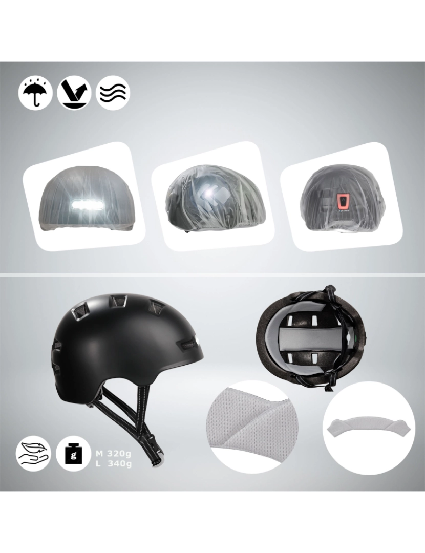 imagem de Capacete de bicicleta de skater com luz frontal e traseira | Preto M(54-57cm)5