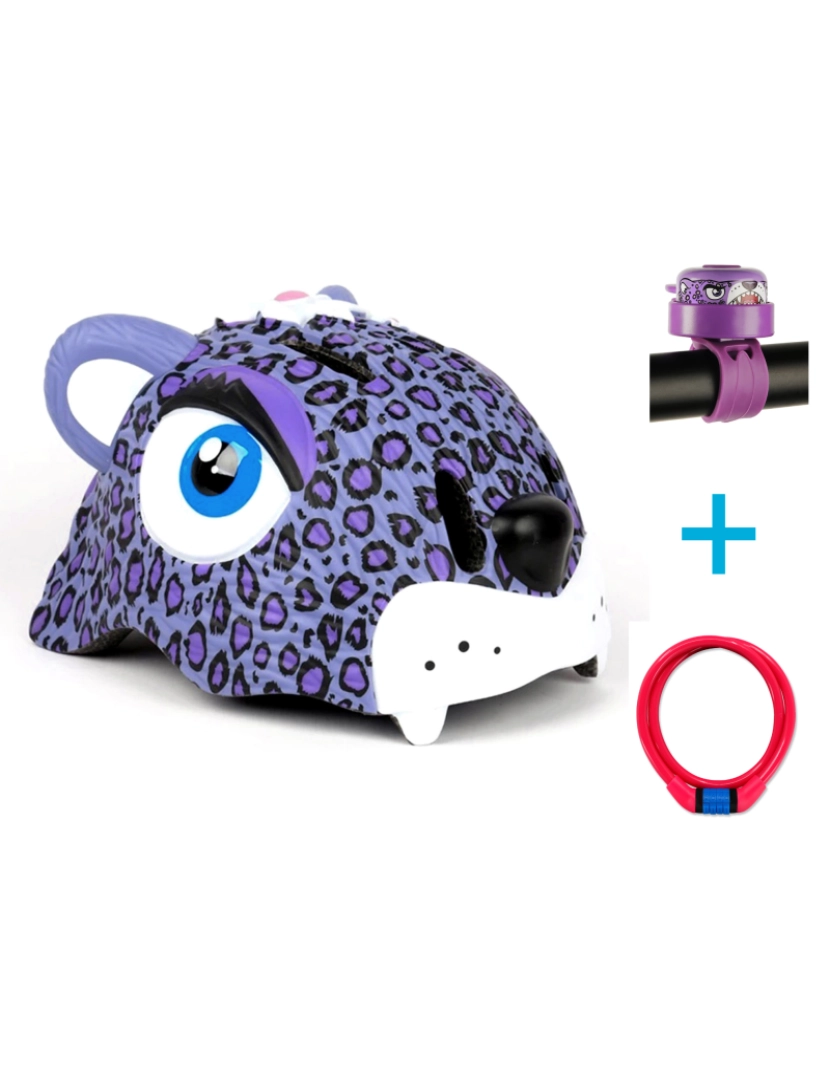 Crazy Safety - Combo Pack - capacete de bici para criança, cadeado e campainha-Leopardo roxo