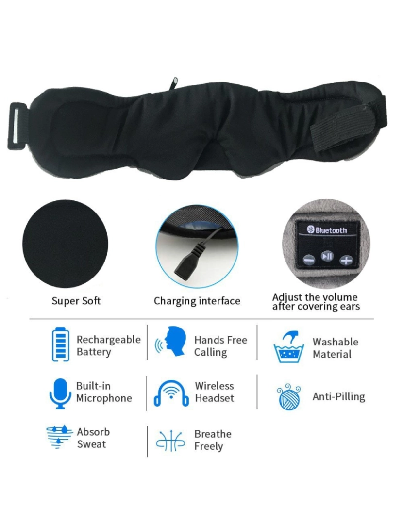 imagem de Máscara de dormir com fones de ouvido Bluetooth 5.0 Preto Black5