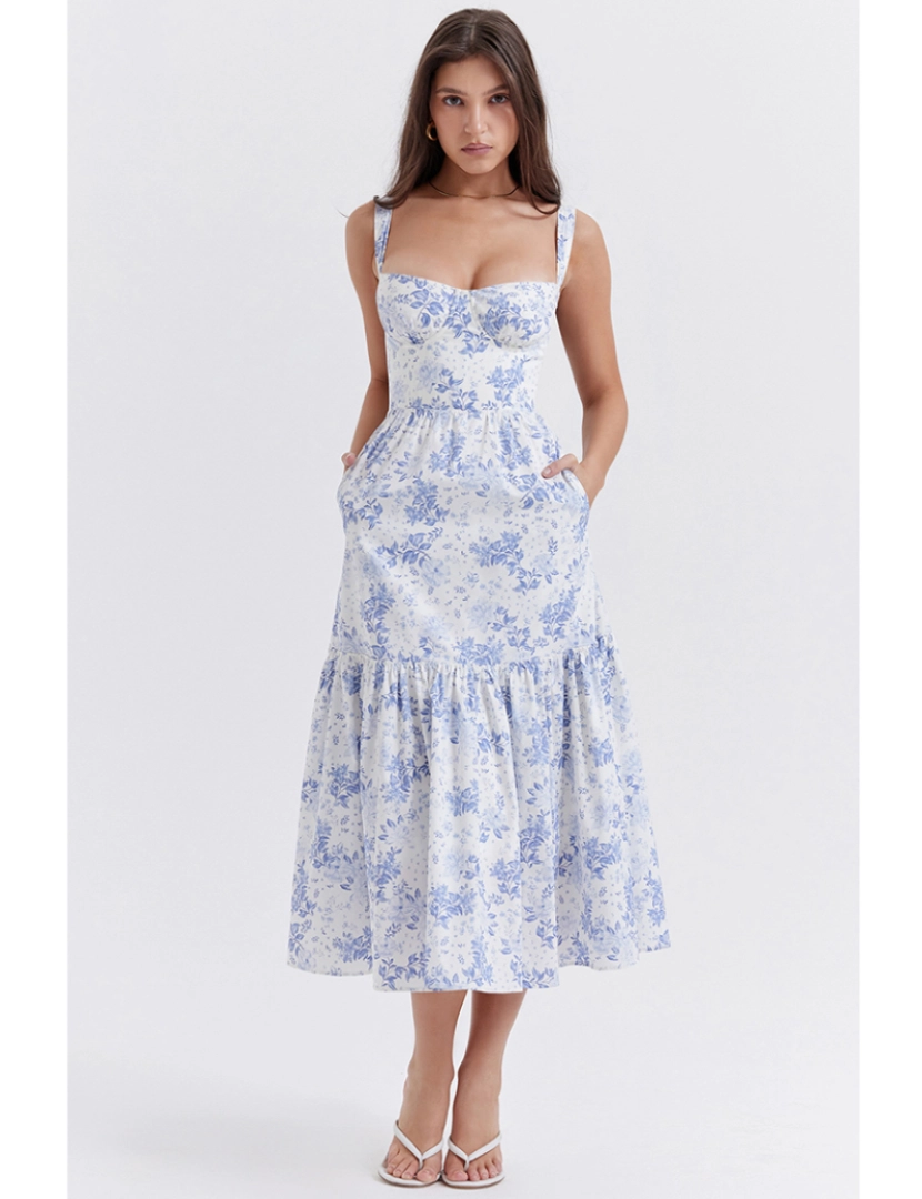 Amina Glam - Vestido de Senhora Branco e Azul Floral