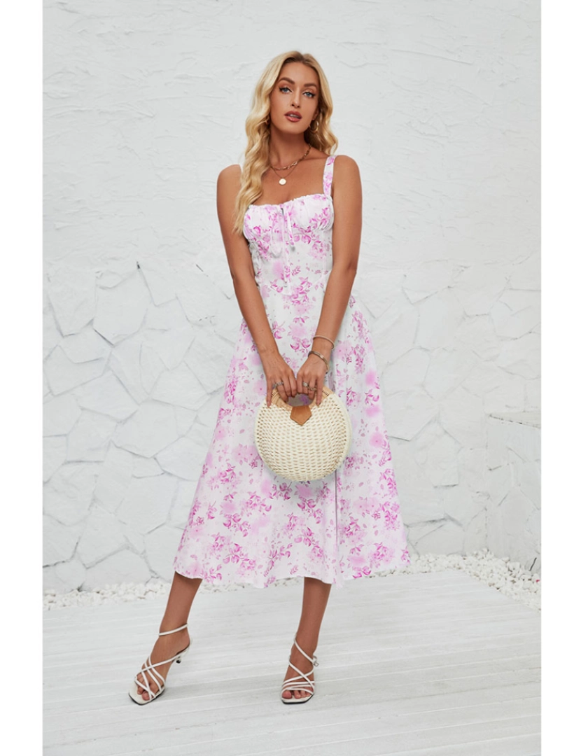 Amina Glam - Vestido de Senhora Branco e Rosa Floral