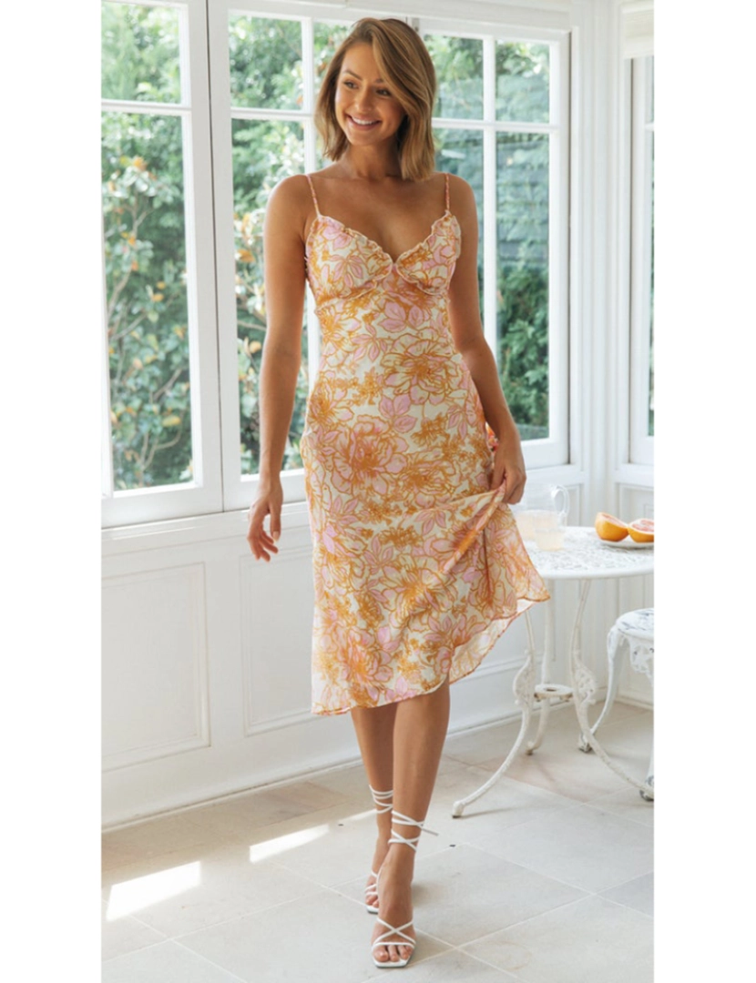 Emma Way - Vestido de Senhora Estampa Branco e Laranja