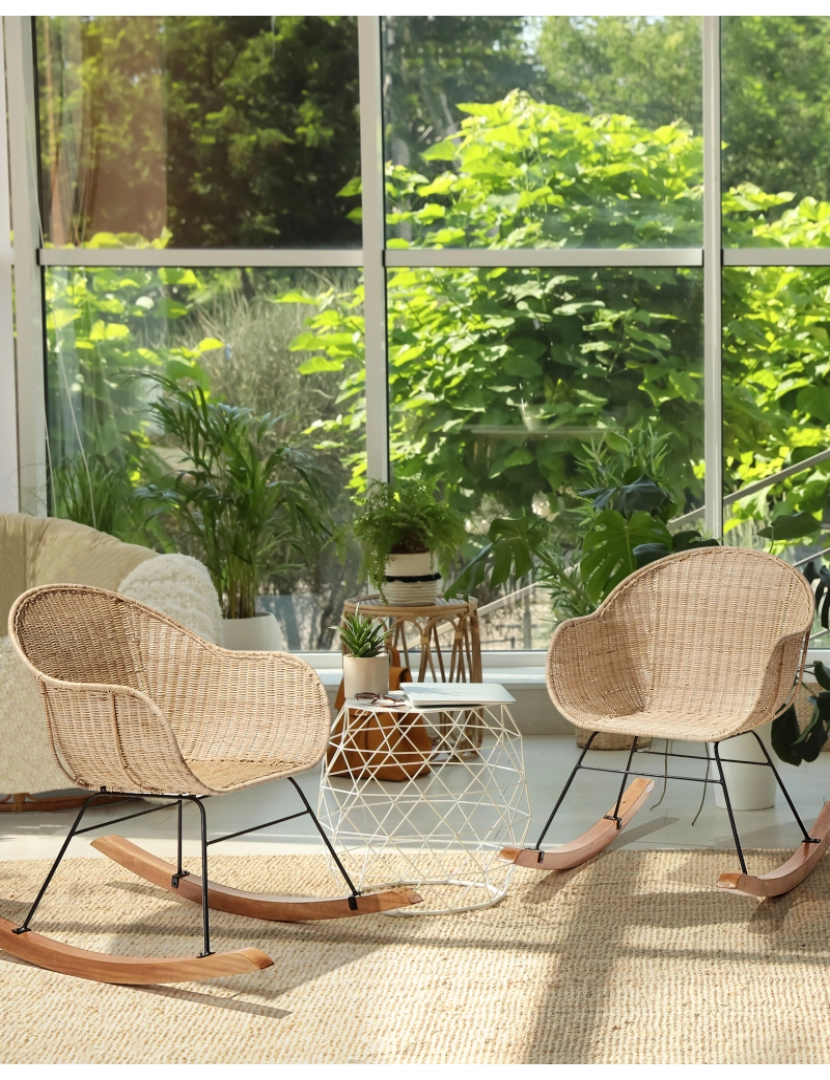 imagem de Conjunto de 2 cadeiras de baloiço em rattan natural resistência média para interior e exterior estilo Boho para jardim pátio ou varanda2