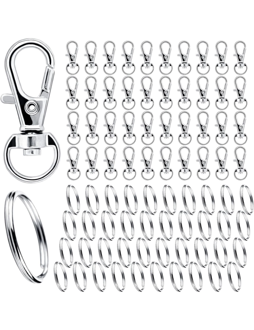 Inf - Pack de 80 porta-chaves e argolas com mosquetões Silver