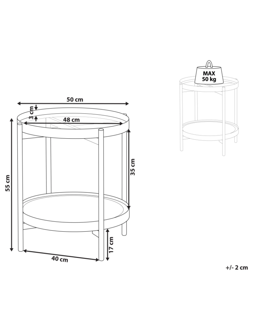 imagem de Mesa de apoio redonda castanha clara e preta com tampo de vidro estrutura de metal e prateleira com trança vienense de design moderno2