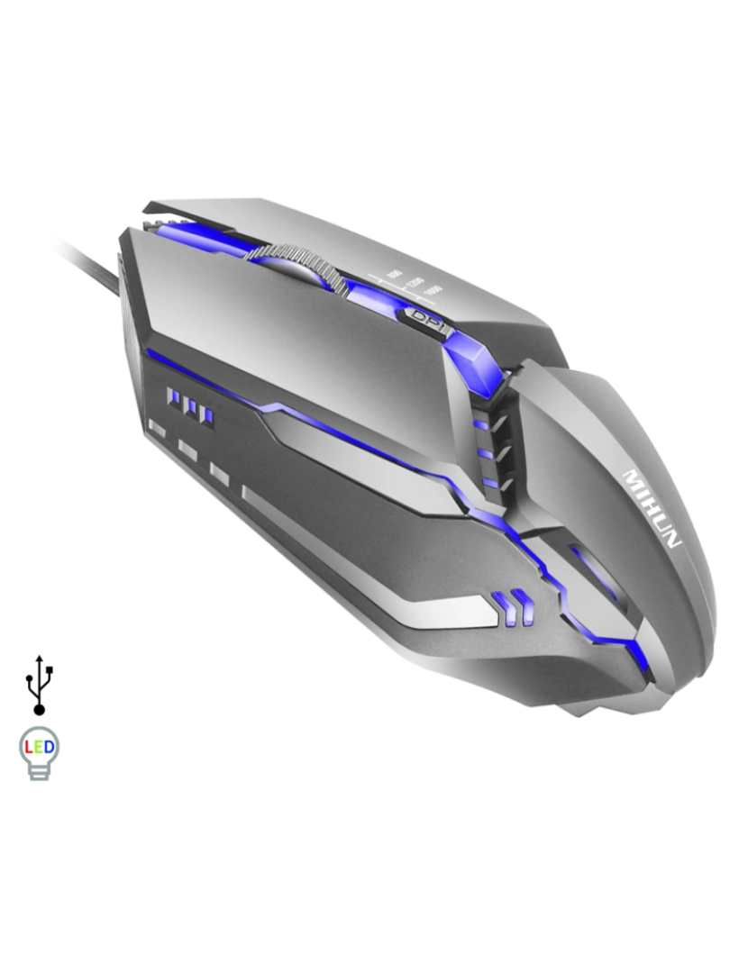 DAM - DAM Mouse para jogos  G314 com luzes LED RGB. 800, 1200 e 1600 dpi. 12,4x3,9x6,3 cm. Cor cinzenta