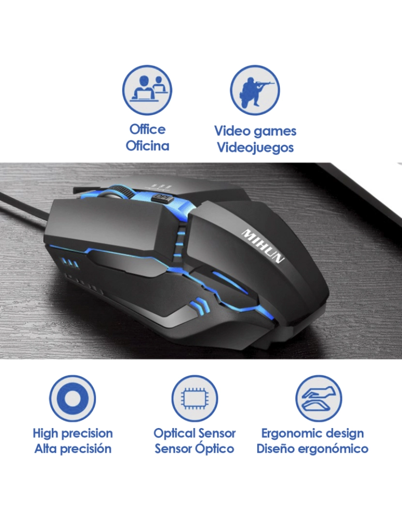 imagem de DAM Mouse para jogos  G314 com luzes LED RGB. 800, 1200 e 1600 dpi. 12,4x3,9x6,3 cm. Cor preta2