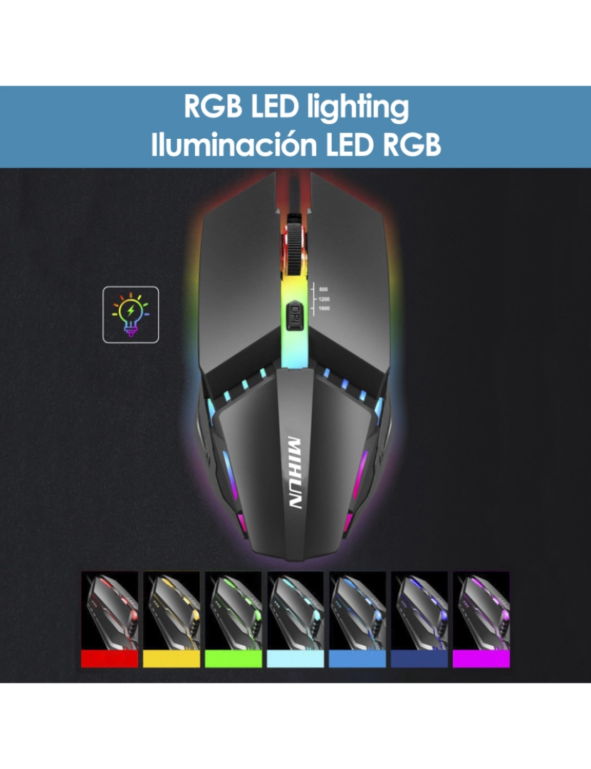 imagem de DAM Mouse para jogos  G314 com luzes LED RGB. 800, 1200 e 1600 dpi. 12,4x3,9x6,3 cm. Cor preta4