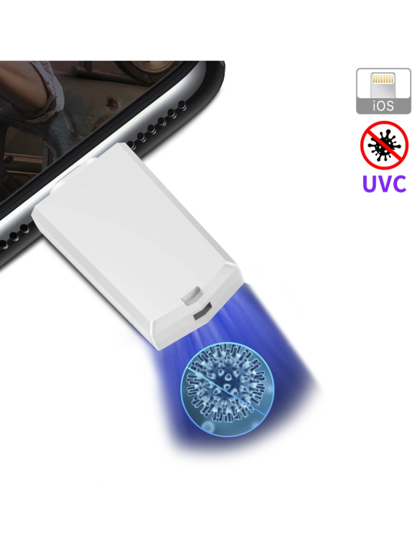 imagem de DAM  Ultravioleta UVC Sanitizer para Smartphone com conexão relâmpago de 8 pinos (iOS) 4x0,5x2 Cm. Cor branca1