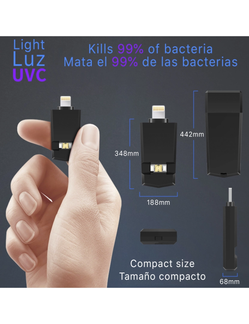 imagem de DAM  Ultravioleta UVC Sanitizer para Smartphone com conexão relâmpago de 8 pinos (iOS) 4x0,5x2 Cm. Cor branca3