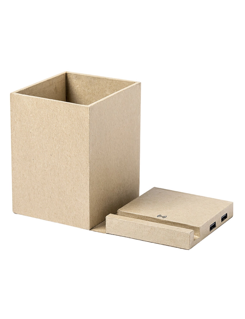 imagem de DAM Porta-lápis multifuncional  com carregador sem fio 5W.papelão reciclado natural.2 portas. USB 2.0 9x11x9,7 cm. Marrom claro1