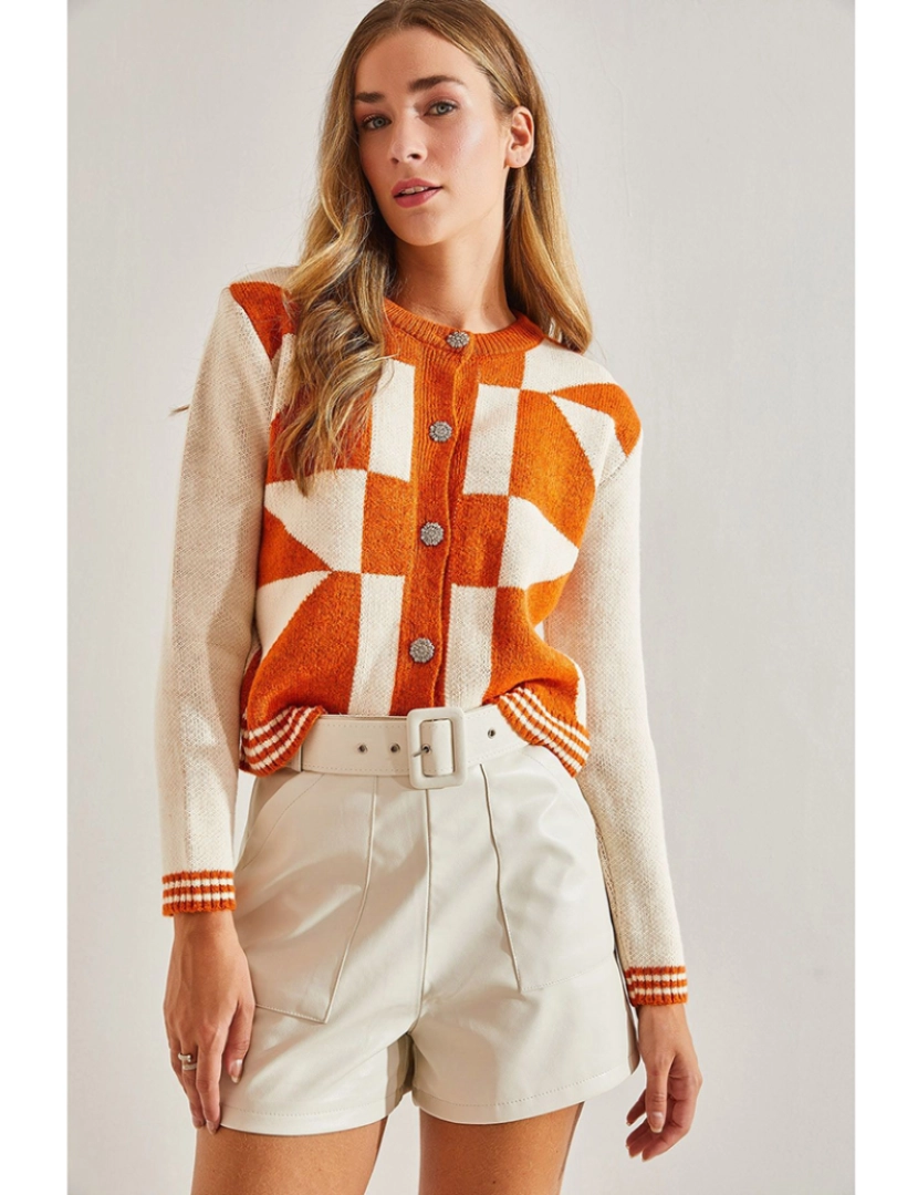 Defile - Cardigan de Senhora Laranja e Creme