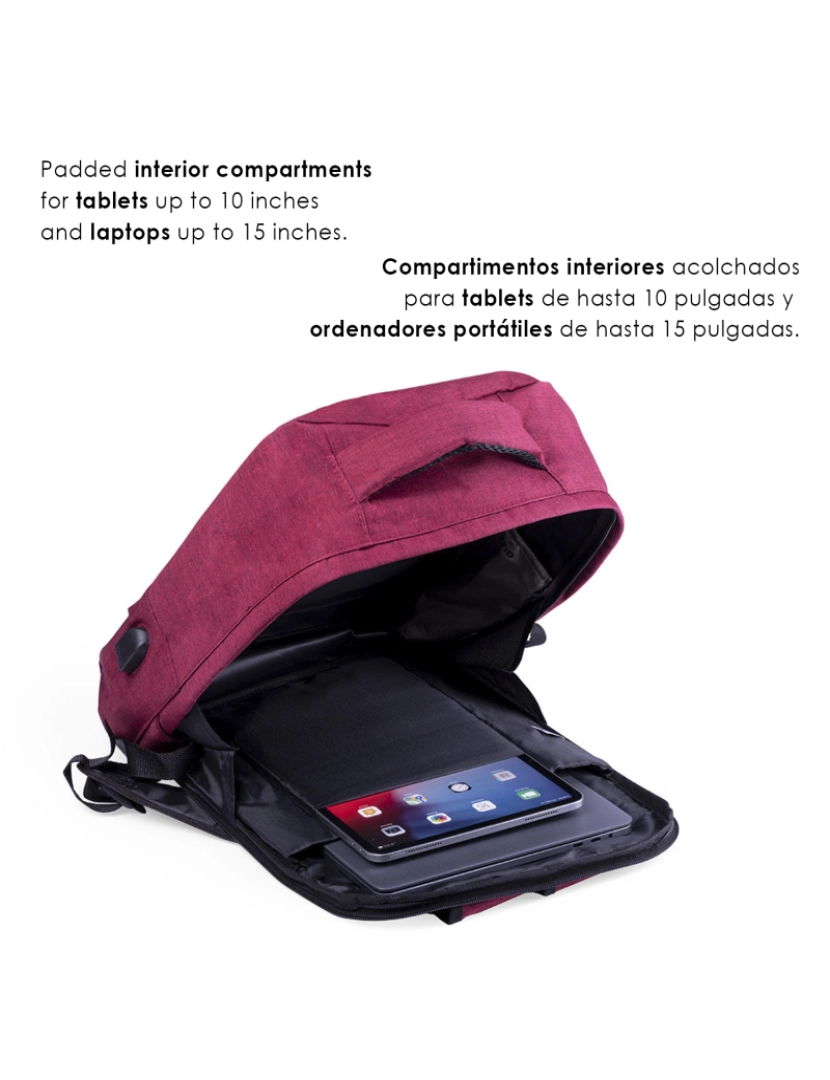 imagem de DAM Mochila antifurto  Komplete confeccionada em poliéster 300D, com tomada USB externa. Bolso lateral com proteção RFID. 30x12x43 cm. cor vermelha4