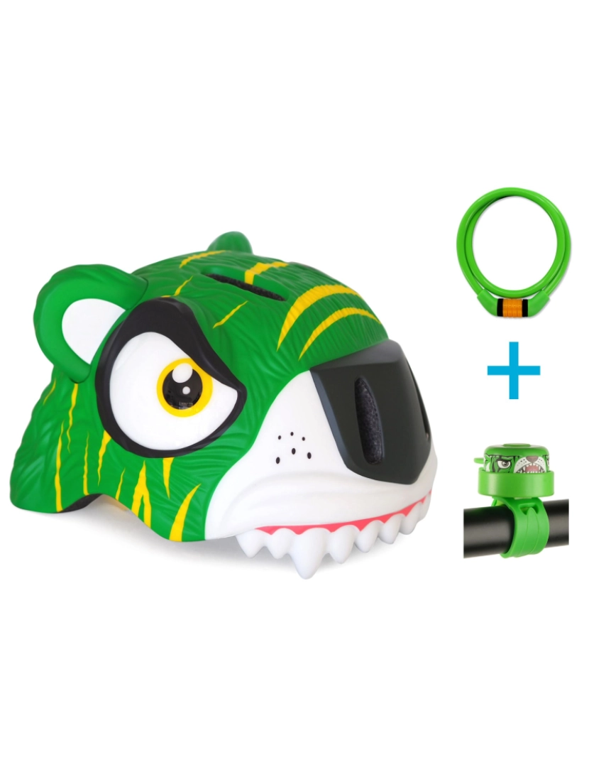 Crazy Safety - Combo Pack - capacete de bici para criança, cadeado e campainha-Tiger Verde