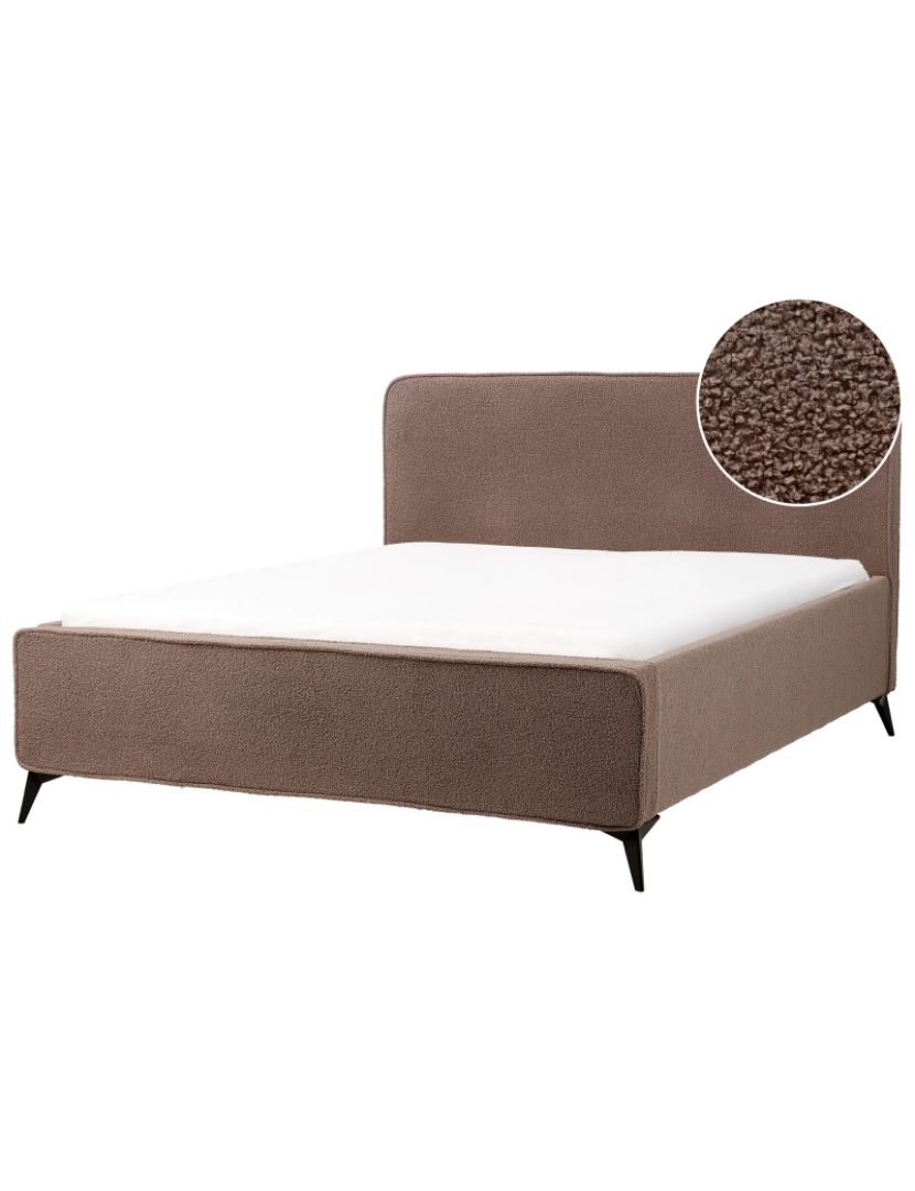 imagem de Cama de casal estofada em bouclé castanho pernas metálicas pretas king Size 160x200 cm cabeceira wingback clássico minimalista1