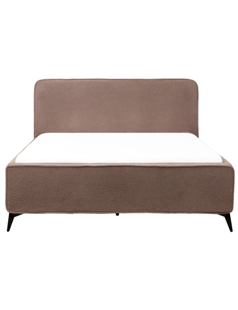 imagem de Cama de casal estofada em bouclé castanho pernas metálicas pretas king Size 160x200 cm cabeceira wingback clássico minimalista4