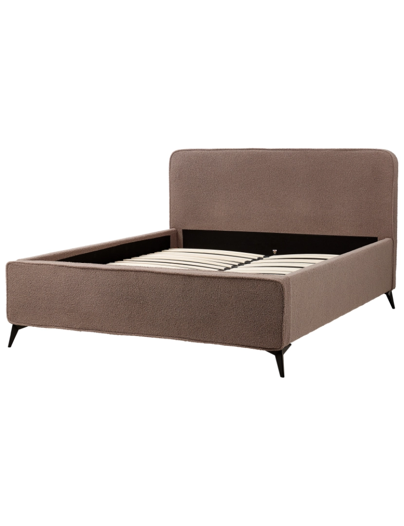 imagem de Cama de casal estofada em bouclé castanho pernas metálicas pretas king Size 160x200 cm cabeceira wingback clássico minimalista6