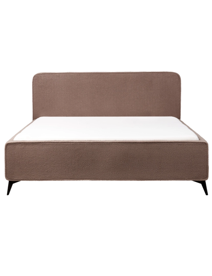 imagem de Cama de casal estofada em bouclé castanho pernas metálicas pretas king Size 180x200 cm cabeceira wingback clássico minimalista4