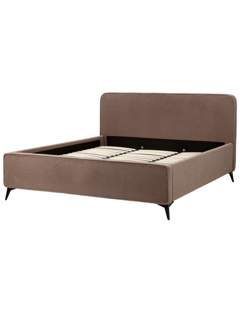 imagem de Cama de casal estofada em bouclé castanho pernas metálicas pretas king Size 180x200 cm cabeceira wingback clássico minimalista6