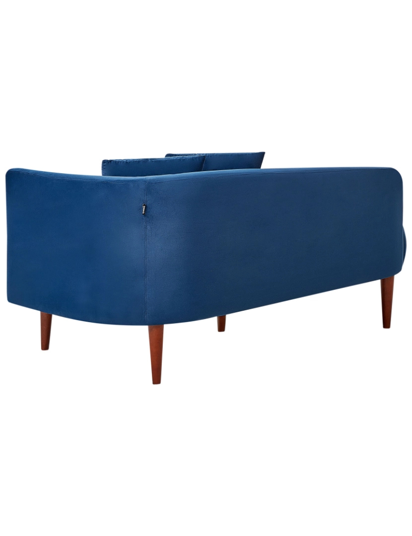 imagem de Chaise-longue em veludo azul à direita com pés de madeira escura e almofadas para sala de design moderno5