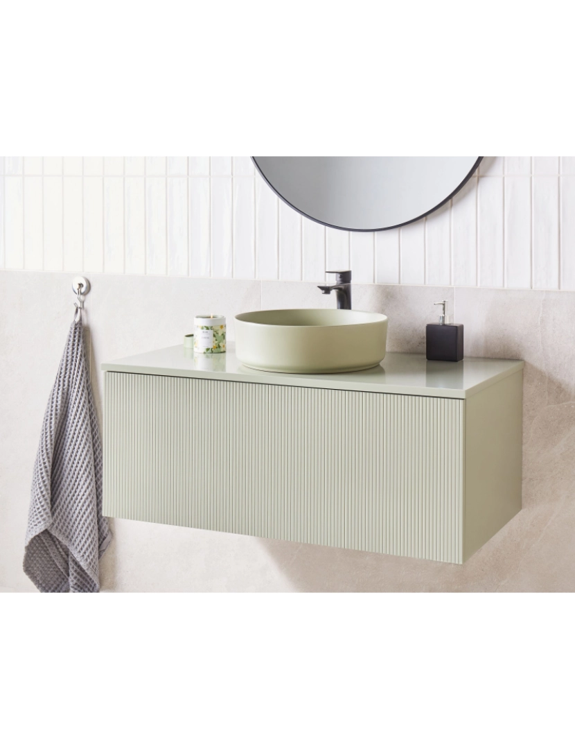 imagem de Móvel de casa de banho flutuante verde MDF 100 x 52 cm com lavatório verde para casa de banho moderna3