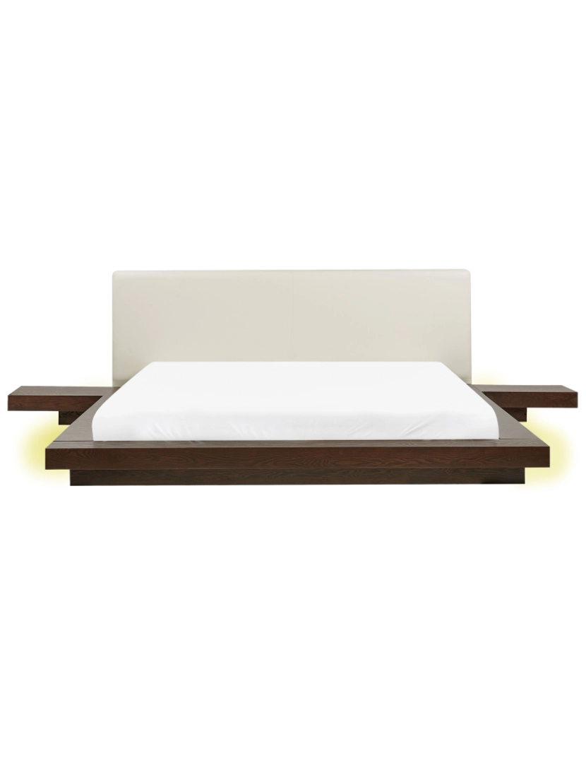 Beliani - Cama de casal LED castanha escura cabeceira em pele sintética branca 180 x 200 cm estilo oriental para quartos modernos e contemporâneos