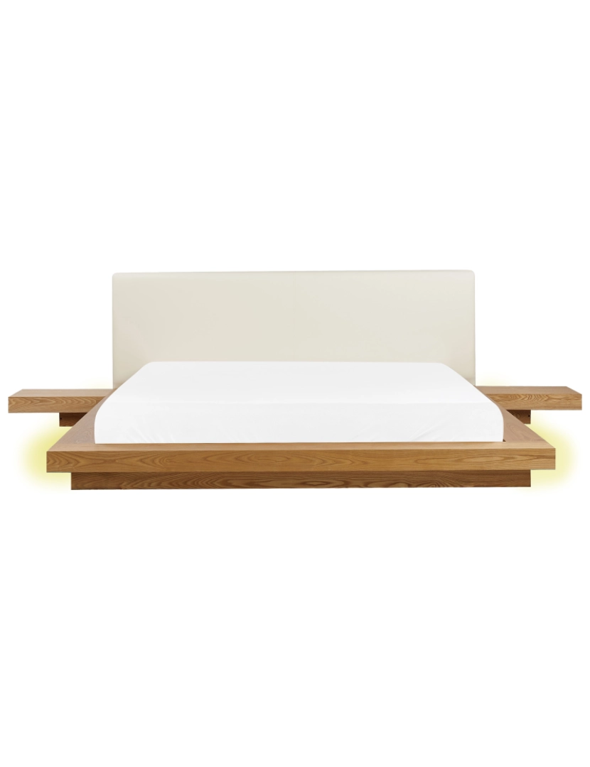 Beliani - Cama de casal LED castanha clara cabeceira em pele sintética branca 180 x 200 cm estilo oriental para quartos modernos e contemporâneos