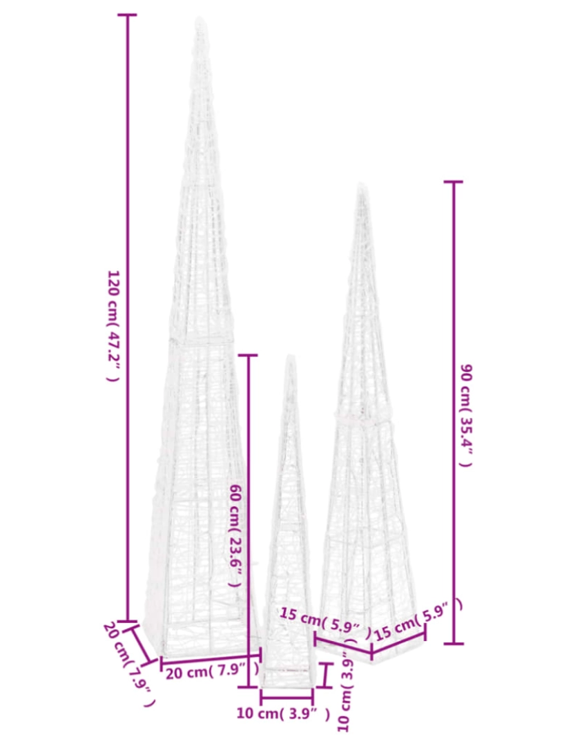 imagem de vidaXL Conj. cones decor. c/ LEDs branco quente acrílico 60/90/120cm9