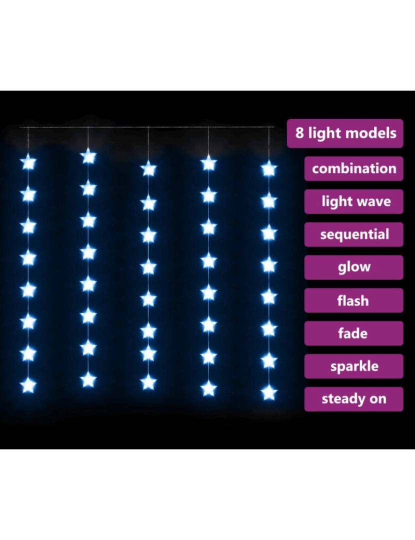 imagem de vidaXL Cortina iluminação c/ estrelas 200 LEDs 8 funções azul4