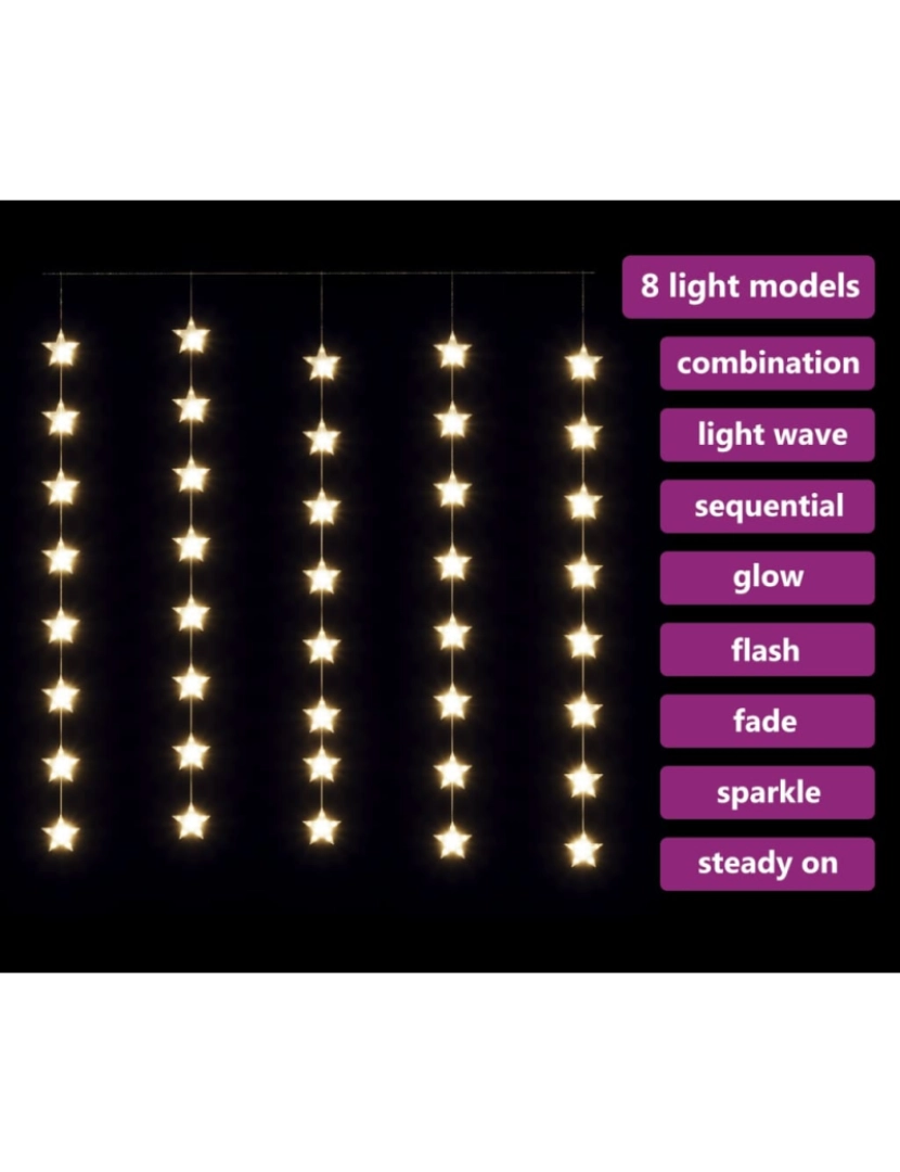 imagem de vidaXL Cortina iluminação c/ estrelas 200 LEDs 8 funções branco quente6