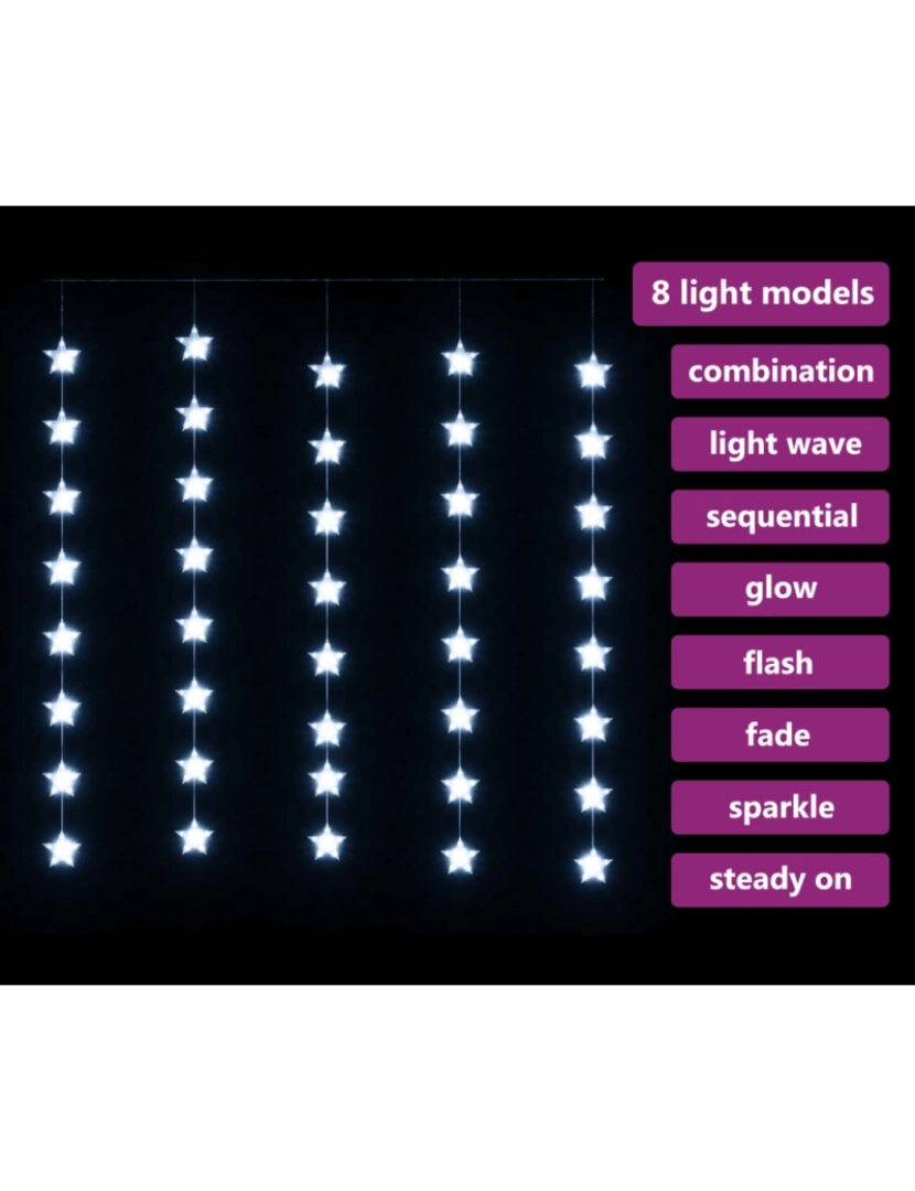 imagem de vidaXL Cortina iluminação c/ estrelas 200 LEDs 8 funções branco frio4