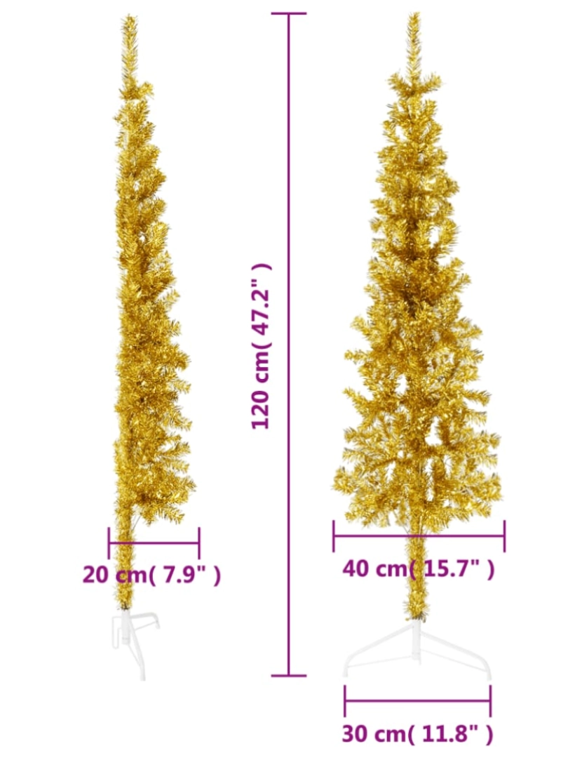 imagem de vidaXL Meia árvore de Natal fina com suporte 120 cm dourado9