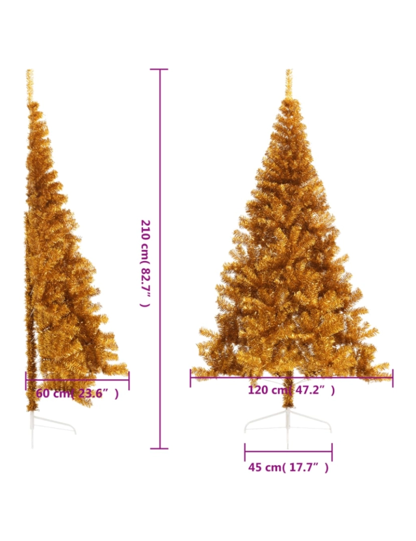 imagem de vidaXL Meia árvore de Natal artificial com suporte 210 cm PET dourado9