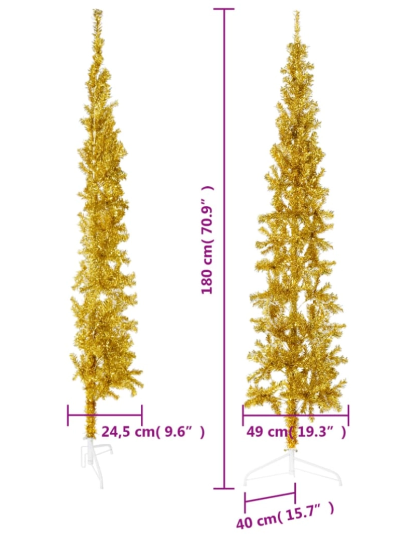 imagem de vidaXL Meia árvore de Natal fina com suporte 180 cm dourado9