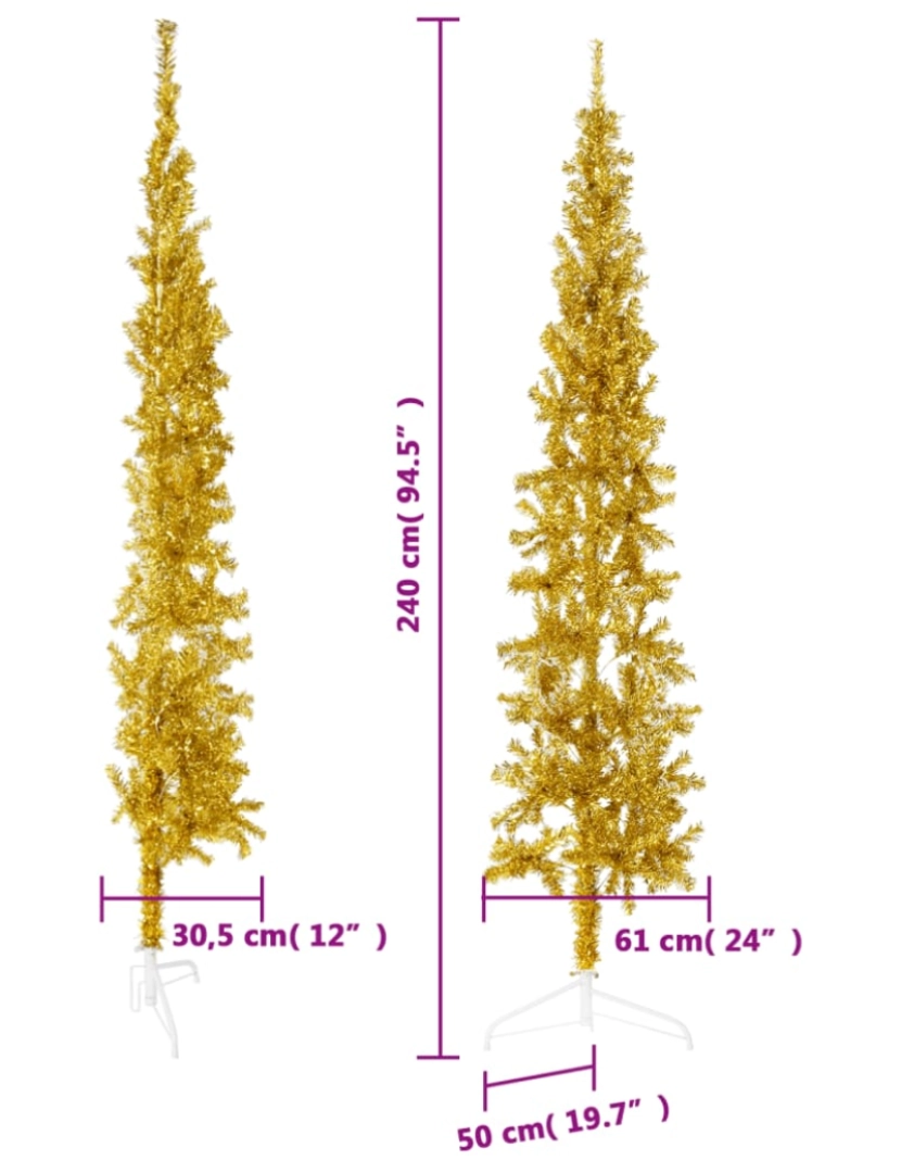 imagem de vidaXL Meia árvore de Natal fina com suporte 240 cm dourado10