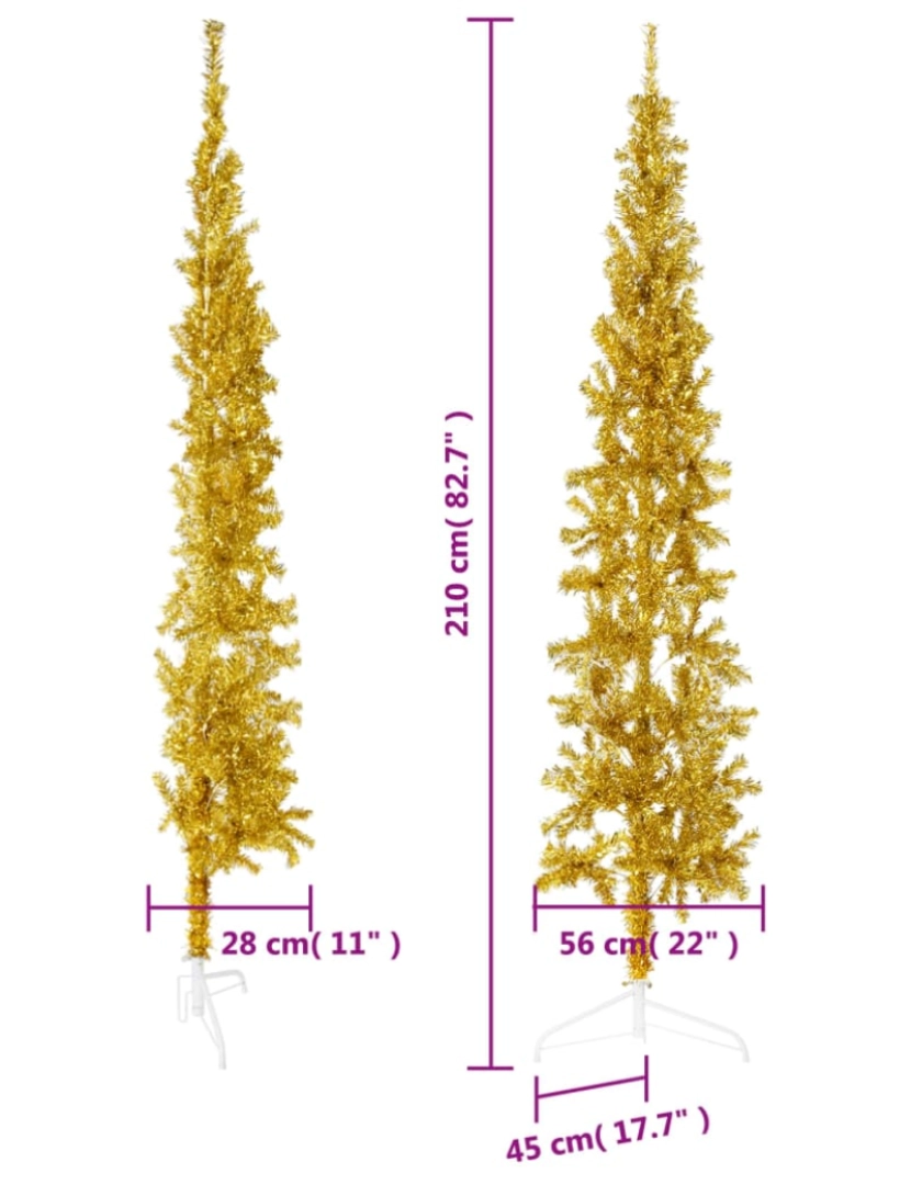 imagem de vidaXL Meia árvore de Natal fina com suporte 210 cm dourado9